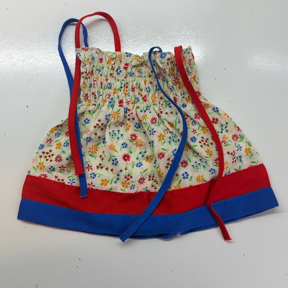 Vintage TOMY Smocked Doll Dress Floral Print Red Blue Trim Made in USA RN 67516